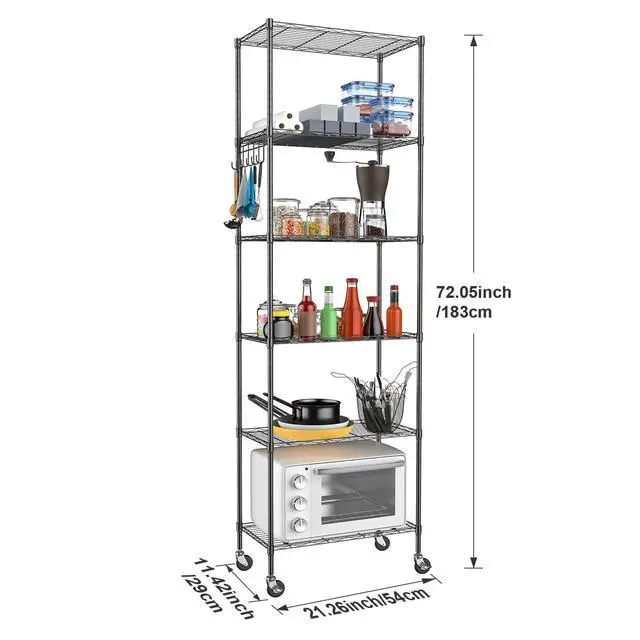 Alt view image 2 of 7 - Homdox 6-Tier Storage Shelf Wire Shelving Unit Free Standing Rack Organization with Caster Wheels, Stainless Side Hooks, Black