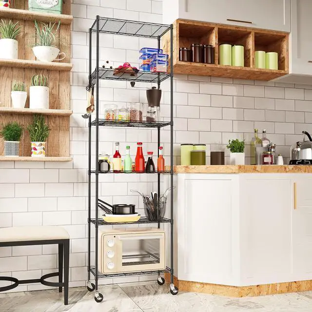 Alt view image 3 of 7 - Homdox 6-Tier Storage Shelf Wire Shelving Unit Free Standing Rack Organization with Caster Wheels, Stainless Side Hooks, Black