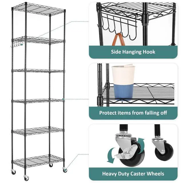 Alt view image 7 of 7 - Homdox 6-Tier Storage Shelf Wire Shelving Unit Free Standing Rack Organization with Caster Wheels, Stainless Side Hooks, Black