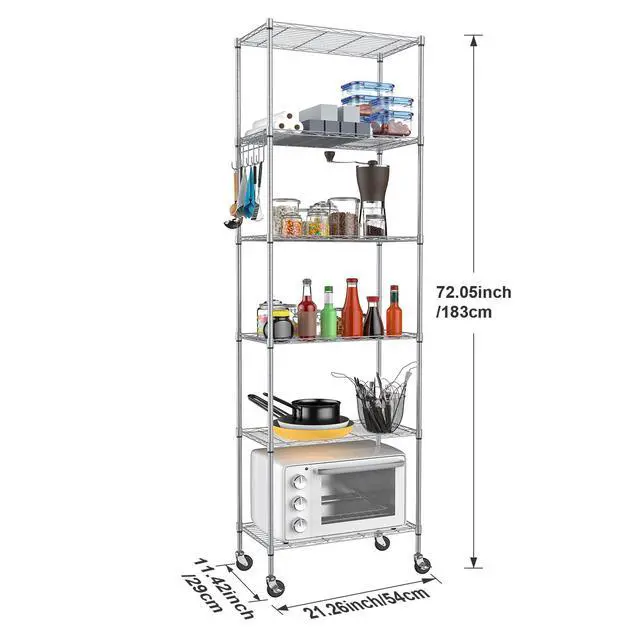 Alt view image 2 of 7 - Homdox 6-Tier Storage Shelf Wire Shelving Unit Free Standing Rack Organization with Caster Wheels, Stainless Side Hooks, Silver Gray
