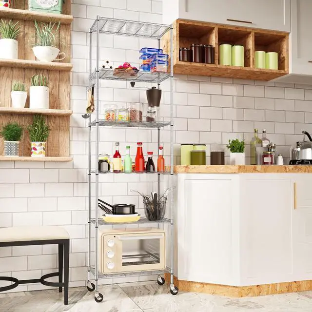 Alt view image 3 of 7 - Homdox 6-Tier Storage Shelf Wire Shelving Unit Free Standing Rack Organization with Caster Wheels, Stainless Side Hooks, Silver Gray
