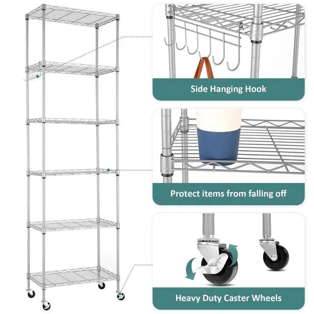 Alt view image 7 of 7 - Homdox 6-Tier Storage Shelf Wire Shelving Unit Free Standing Rack Organization with Caster Wheels, Stainless Side Hooks, Silver Gray
