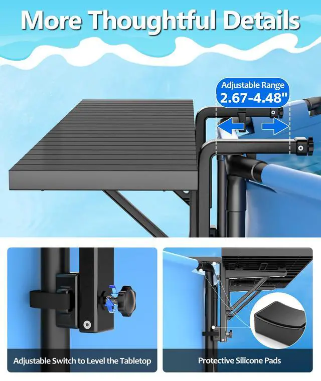 Alt view image 6 of 7 - BoYata Pool Bar, Above Ground Pool Side Bar, 49.4×9.6" Galvanized Iron Poolside Table Holds 110LBS, Swim Up Bars Fit Top Rails 4.48" or Less, Frame Above Ground Round & Oval Swimming Pools Accessories