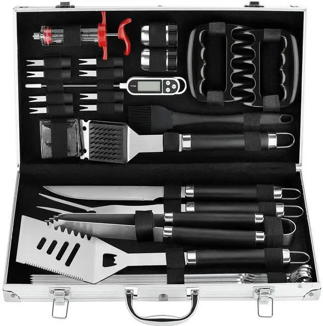 Main image of POLIGO 26Pcs Exclusive BBQ Grill Accessories in Aluminum Case for Birthday Fathers Day Grilling Gift - Grill Utensils Set with Barbecue Claws, Meat Injector, Thermometer for Smoker, Camping BBQ Black