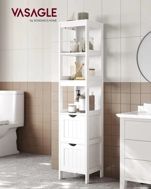 Alt view image 2 of 7 - VASAGLE Storage Cabinet, Storage Organizer Rack Stand for Bathroom, Living Room, Multifunctional Corner Unit, 2 Drawers, 55.7 Inches in Height, White UBBC66WT