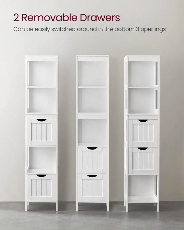 Alt view image 3 of 7 - VASAGLE Storage Cabinet, Storage Organizer Rack Stand for Bathroom, Living Room, Multifunctional Corner Unit, 2 Drawers, 55.7 Inches in Height, White UBBC66WT