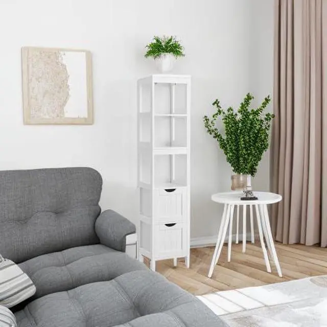 Alt view image 5 of 7 - VASAGLE Storage Cabinet, Storage Organizer Rack Stand for Bathroom, Living Room, Multifunctional Corner Unit, 2 Drawers, 55.7 Inches in Height, White UBBC66WT