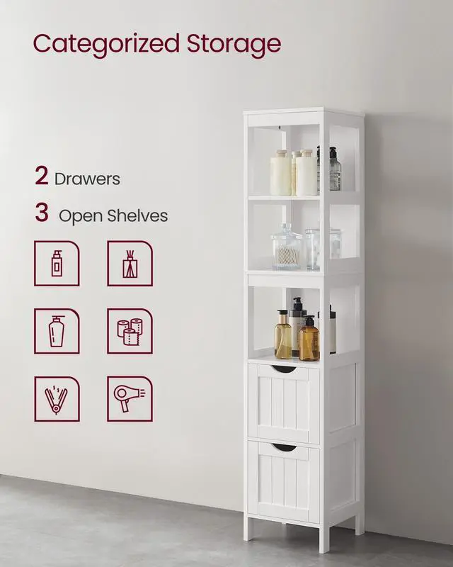 Alt view image 4 of 7 - VASAGLE Storage Cabinet, Storage Organizer Rack Stand for Bathroom, Living Room, Multifunctional Corner Unit, 2 Drawers, 55.7 Inches in Height, White UBBC66WT