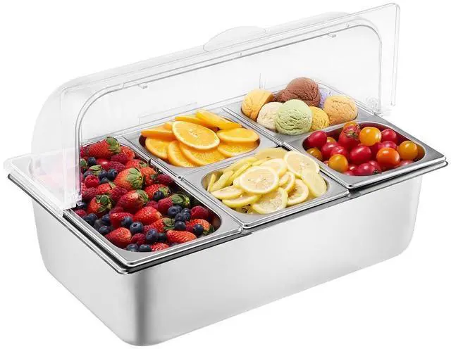 Main image of VEVOR Countertop Food Serving Display Container, 5 Pan Stainless Steel Food Serving Tray, Buffet Condiment Dispenser Display Rack with Clear Lid & 3 Freezer Boxes, for Restaurant Hotel Kitchen Party