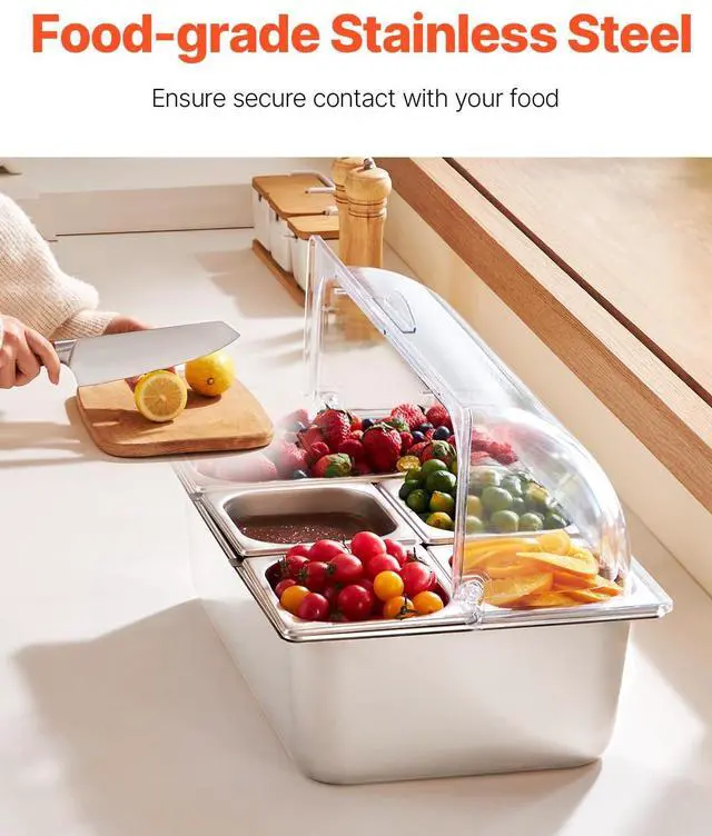 Alt view image 2 of 7 - VEVOR Countertop Food Serving Display Container, 5 Pan Stainless Steel Food Serving Tray, Buffet Condiment Dispenser Display Rack with Clear Lid & 3 Freezer Boxes, for Restaurant Hotel Kitchen Party