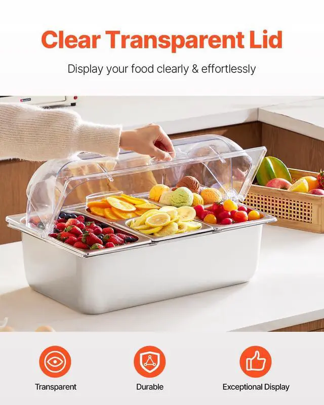 Alt view image 3 of 7 - VEVOR Countertop Food Serving Display Container, 5 Pan Stainless Steel Food Serving Tray, Buffet Condiment Dispenser Display Rack with Clear Lid & 3 Freezer Boxes, for Restaurant Hotel Kitchen Party