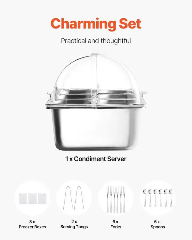 Alt view image 5 of 7 - VEVOR Countertop Food Serving Display Container, 5 Pan Stainless Steel Food Serving Tray, Buffet Condiment Dispenser Display Rack with Clear Lid & 3 Freezer Boxes, for Restaurant Hotel Kitchen Party