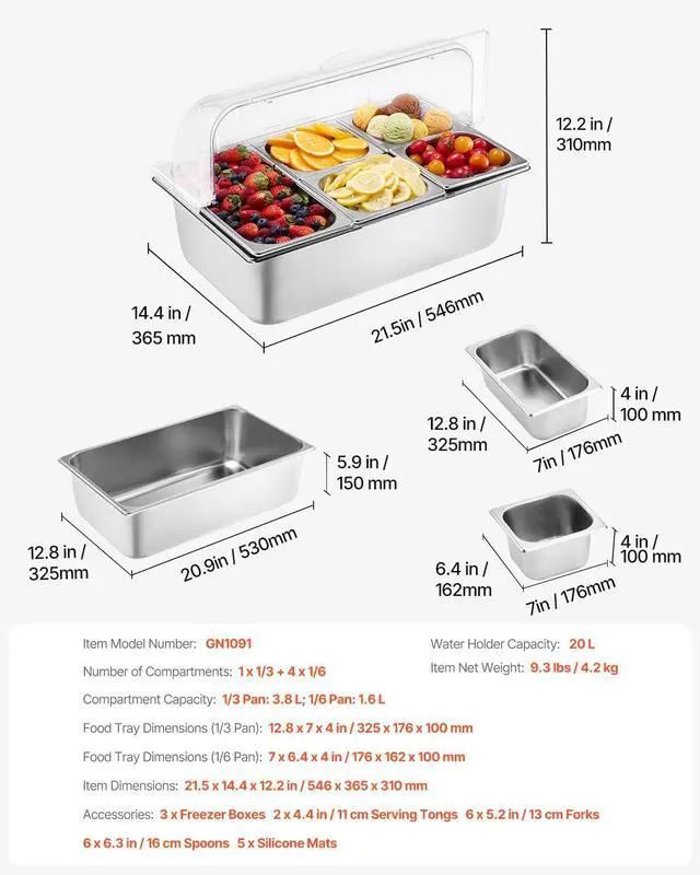 Alt view image 7 of 7 - VEVOR Countertop Food Serving Display Container, 5 Pan Stainless Steel Food Serving Tray, Buffet Condiment Dispenser Display Rack with Clear Lid & 3 Freezer Boxes, for Restaurant Hotel Kitchen Party