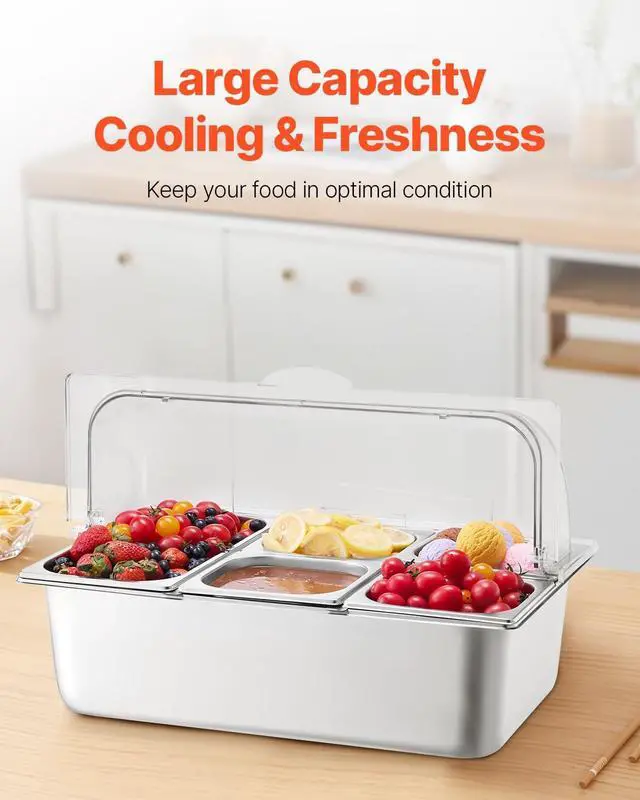 Alt view image 4 of 7 - VEVOR Countertop Food Serving Display Container, 5 Pan Stainless Steel Food Serving Tray, Buffet Condiment Dispenser Display Rack with Clear Lid & 3 Freezer Boxes, for Restaurant Hotel Kitchen Party