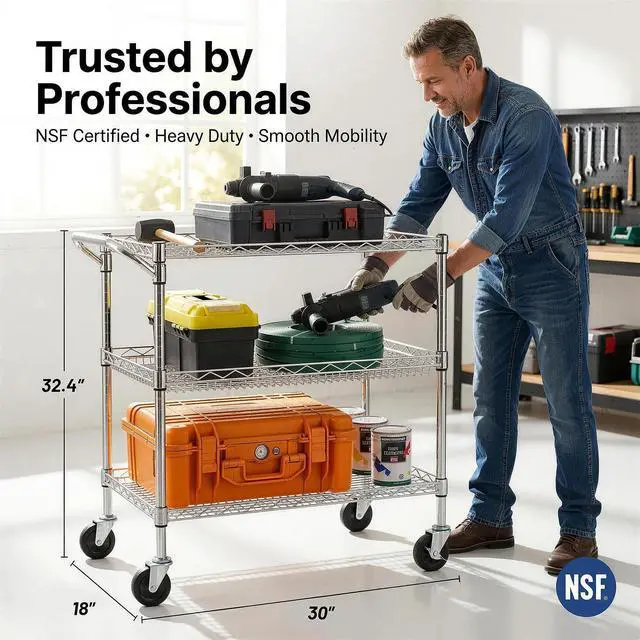 Alt view image 2 of 7 - Finnhomy 3 Tier Heavy Duty Commercial Grade Utility Cart, Wire Rolling Cart with Handle Bar, Steel Service Cart with Wheels, Utility Shelf Plant Display Shelf Food Storage Trolley, NSF Listed