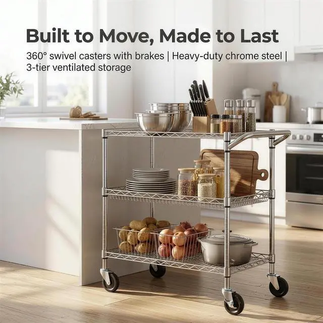 Alt view image 3 of 7 - Finnhomy 3 Tier Heavy Duty Commercial Grade Utility Cart, Wire Rolling Cart with Handle Bar, Steel Service Cart with Wheels, Utility Shelf Plant Display Shelf Food Storage Trolley, NSF Listed