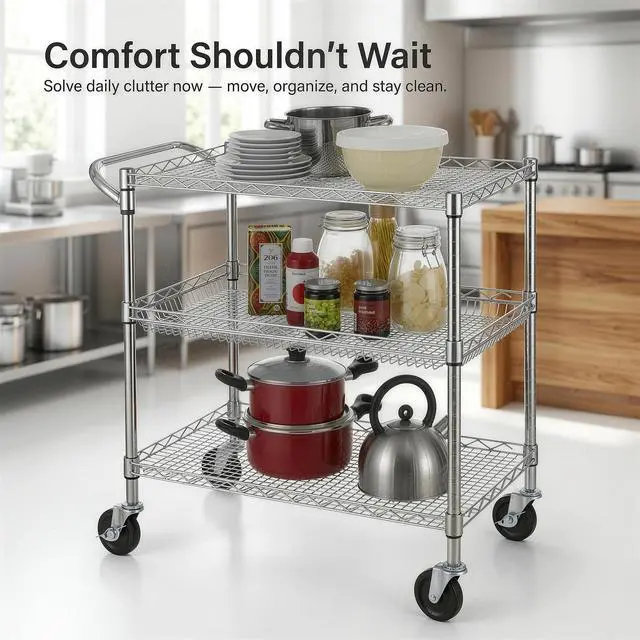 Alt view image 7 of 7 - Finnhomy 3 Tier Heavy Duty Commercial Grade Utility Cart, Wire Rolling Cart with Handle Bar, Steel Service Cart with Wheels, Utility Shelf Plant Display Shelf Food Storage Trolley, NSF Listed