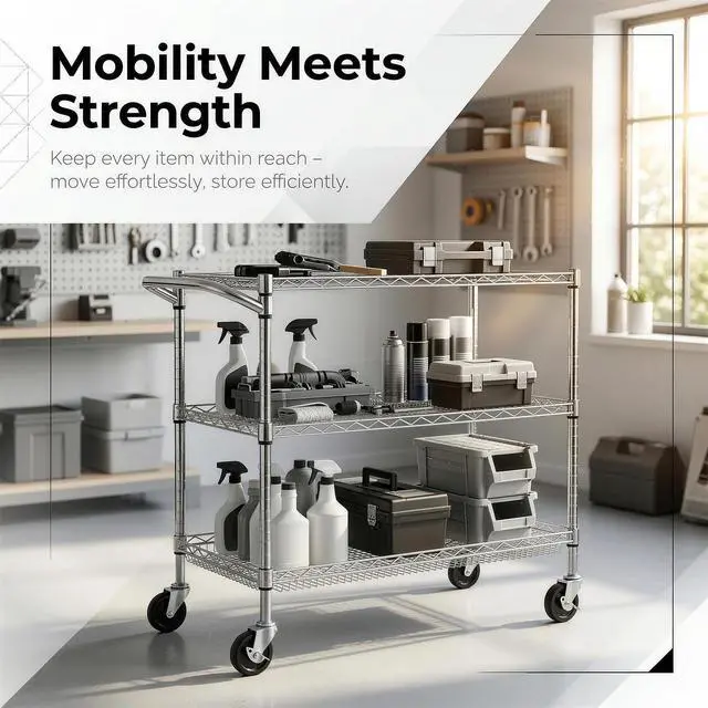 Alt view image 6 of 7 - Finnhomy 3 Tier Heavy Duty Commercial Grade Utility Cart, Wire Rolling Cart with Handle Bar, Steel Service Cart with Wheels, Utility Shelf Plant Display Shelf Food Storage Trolley, NSF Listed