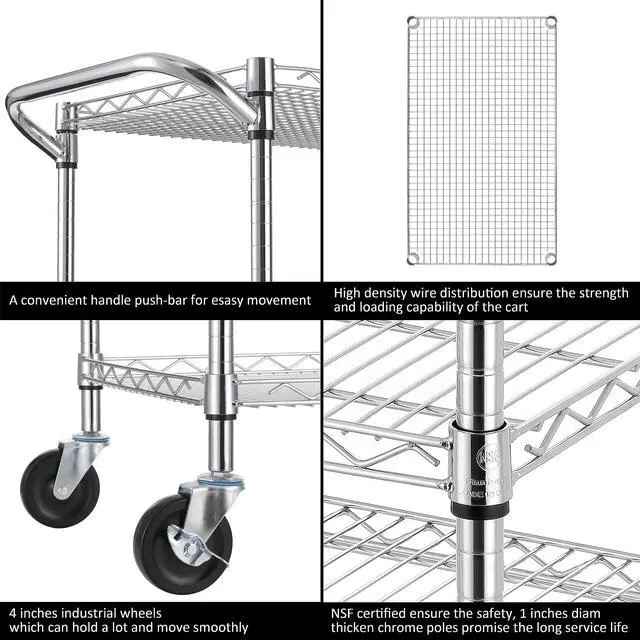 Alt view image 5 of 7 - Finnhomy 3 Tier Heavy Duty Commercial Grade Utility Cart, Wire Rolling Cart with Handle Bar, Steel Service Cart with Wheels, Utility Shelf Plant Display Shelf Food Storage Trolley, NSF Listed