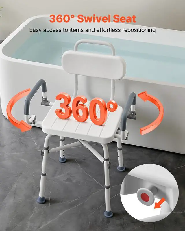 Alt view image 2 of 6 - VEVOR Swivel Shower Chair with Arms and Back, 500 lbs Heavy Duty Bench Seat for Inside Shower Stall and Bathtub, Height Adjustable Bathroom Bath Tub Seat for Adults, Seniors, Elderly and Disabled
