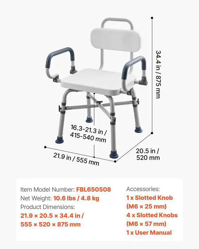 Alt view image 6 of 6 - VEVOR Swivel Shower Chair with Arms and Back, 500 lbs Heavy Duty Bench Seat for Inside Shower Stall and Bathtub, Height Adjustable Bathroom Bath Tub Seat for Adults, Seniors, Elderly and Disabled