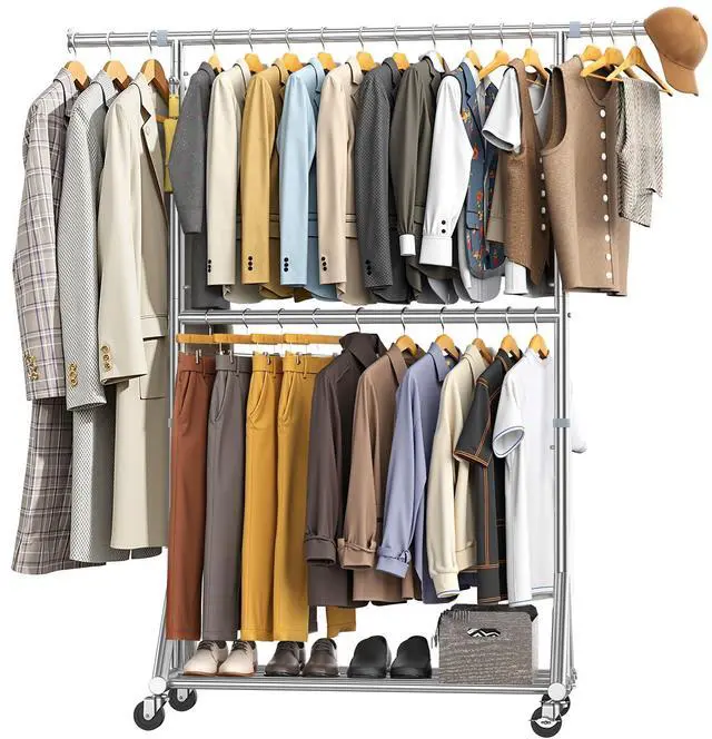 Main image of 100% Stainless Steel Heavy Duty Clothes Rack Load 860LBS, Adjustable Height Double Rods Clothing Racks for Hanging Clothes, Rolling Garment Rack With Sturdy Wheels Shelf, Portable Closet Wardrobe Rack
