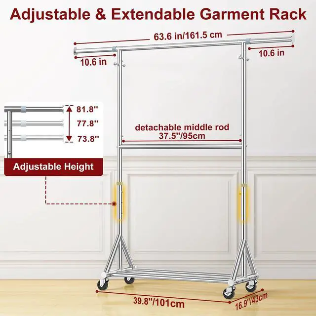 Alt view image 2 of 7 - 100% Stainless Steel Heavy Duty Clothes Rack Load 860LBS, Adjustable Height Double Rods Clothing Racks for Hanging Clothes, Rolling Garment Rack With Sturdy Wheels Shelf, Portable Closet Wardrobe Rack
