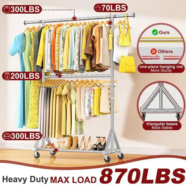 Alt view image 3 of 7 - 100% Stainless Steel Heavy Duty Clothes Rack Load 860LBS, Adjustable Height Double Rods Clothing Racks for Hanging Clothes, Rolling Garment Rack With Sturdy Wheels Shelf, Portable Closet Wardrobe Rack