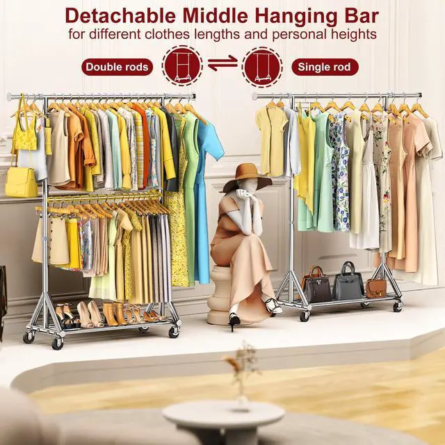 Alt view image 4 of 7 - 100% Stainless Steel Heavy Duty Clothes Rack Load 860LBS, Adjustable Height Double Rods Clothing Racks for Hanging Clothes, Rolling Garment Rack With Sturdy Wheels Shelf, Portable Closet Wardrobe Rack
