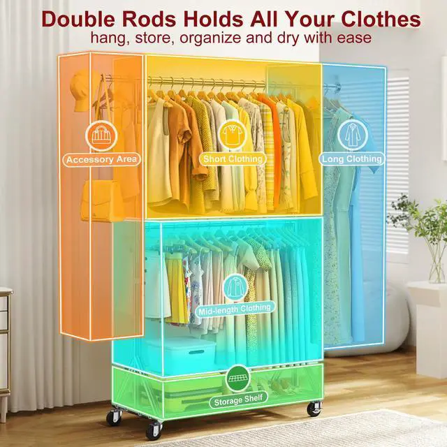 Alt view image 7 of 7 - 100% Stainless Steel Heavy Duty Clothes Rack Load 860LBS, Adjustable Height Double Rods Clothing Racks for Hanging Clothes, Rolling Garment Rack With Sturdy Wheels Shelf, Portable Closet Wardrobe Rack