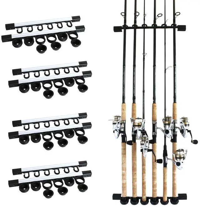 Main image of Rush Creek Creations 6-Rod Vertical/Horizontal Wall-Mount Fishing Pole Holder, Ceiling or Wall Fishing Rod Rack for Garage, Securely Holds 6 Rods, Black