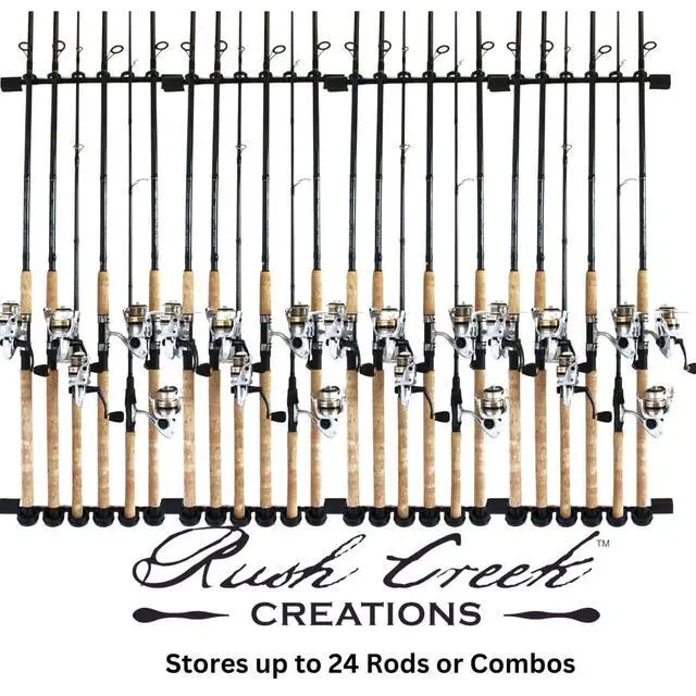 Alt view image 2 of 7 - Rush Creek Creations 6-Rod Vertical/Horizontal Wall-Mount Fishing Pole Holder, Ceiling or Wall Fishing Rod Rack for Garage, Securely Holds 6 Rods, Black