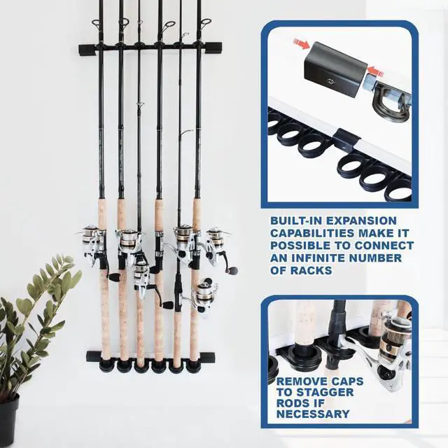 Alt view image 3 of 7 - Rush Creek Creations 6-Rod Vertical/Horizontal Wall-Mount Fishing Pole Holder, Ceiling or Wall Fishing Rod Rack for Garage, Securely Holds 6 Rods, Black