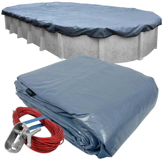 Main image of Robelle 12 x 24 ft Commercial Blue Winter Oval Pool Cover for Above Ground Pools, 4 ft Overlap (16 x 28 ft Cover Size), Solid 12 x 12 Scrim, 3.7 oz/yd2, 18-Year Warranty, Style: 341224-4A
