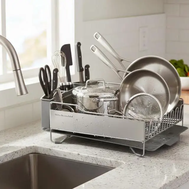 Alt view image 2 of 7 - KitchenAid Large Capacity Full Size Rust Resistant Dish Rack with Angled Drain Board and Removable Flatware Caddy, Light Grey