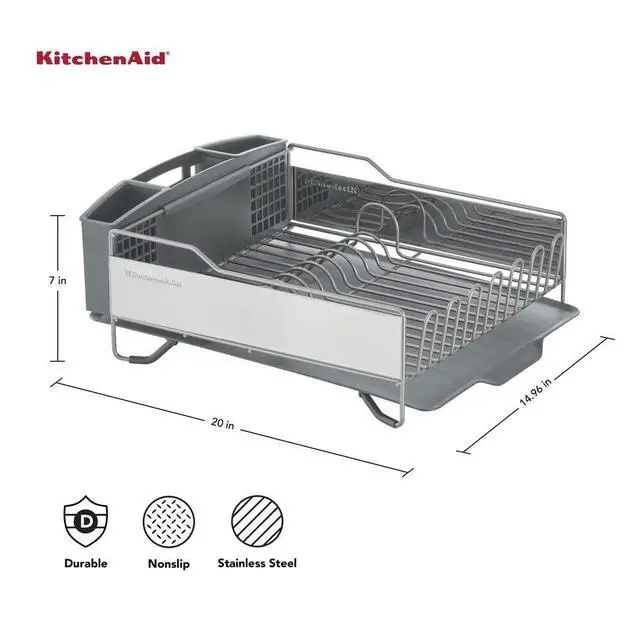 Alt view image 3 of 7 - KitchenAid Large Capacity Full Size Rust Resistant Dish Rack with Angled Drain Board and Removable Flatware Caddy, Light Grey