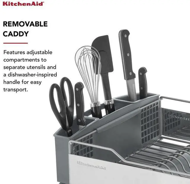 Alt view image 4 of 7 - KitchenAid Large Capacity Full Size Rust Resistant Dish Rack with Angled Drain Board and Removable Flatware Caddy, Light Grey