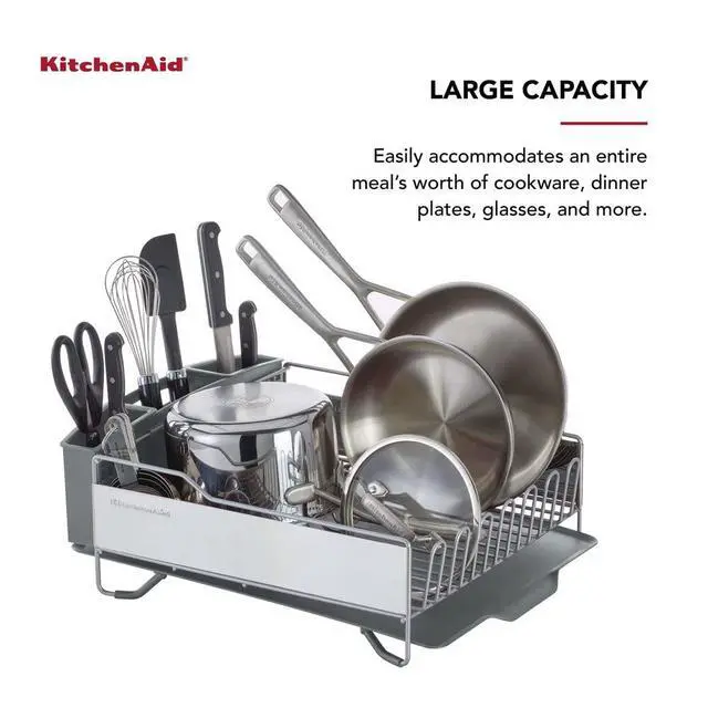 Alt view image 5 of 7 - KitchenAid Large Capacity Full Size Rust Resistant Dish Rack with Angled Drain Board and Removable Flatware Caddy, Light Grey