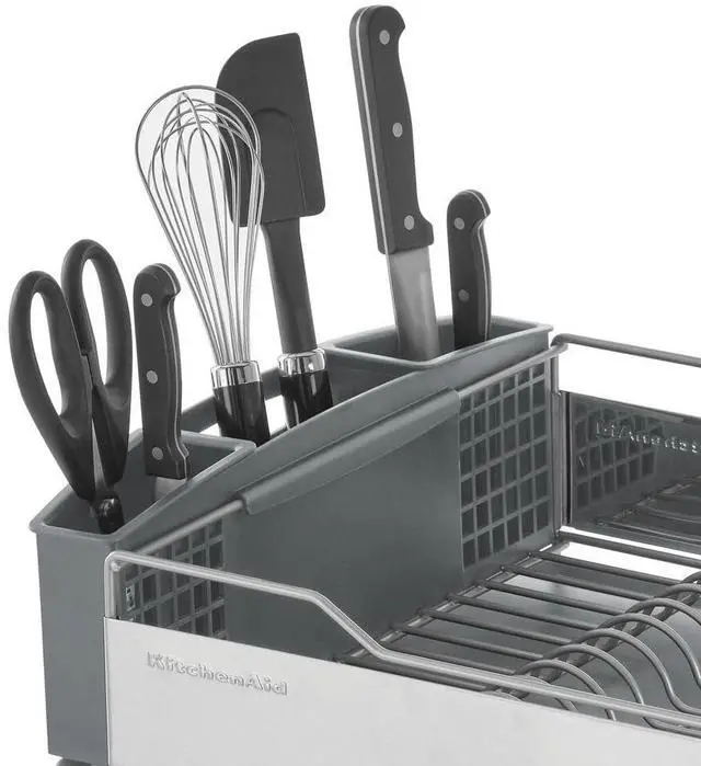Alt view image 7 of 7 - KitchenAid Large Capacity Full Size Rust Resistant Dish Rack with Angled Drain Board and Removable Flatware Caddy, Light Grey