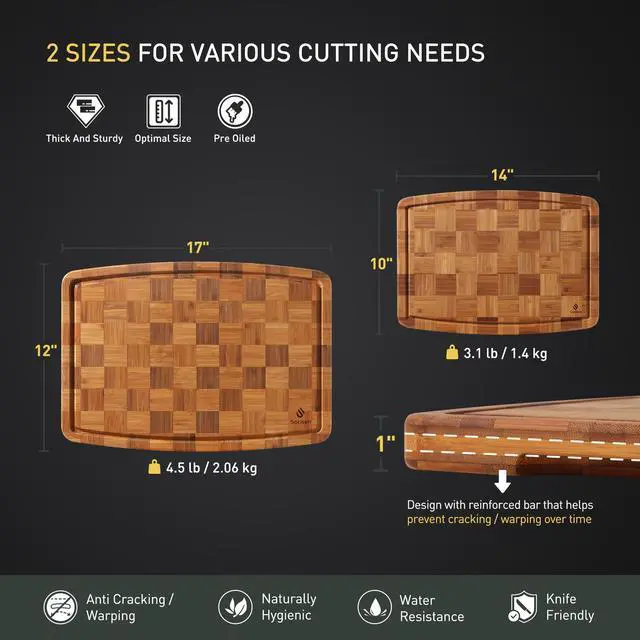 Alt view image 3 of 7 - 2 Pack Heavy Duty Bamboo Cutting Board Set Non Slip Over Sink Solid Thick Wood Chopping Board End Grain Extra Large Big Small Best Organic Hardwood Wooden Kitchen Essential New Home Housewarming Gift