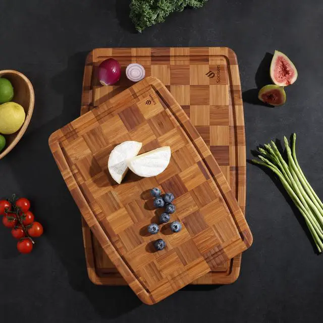 Alt view image 7 of 7 - 2 Pack Heavy Duty Bamboo Cutting Board Set Non Slip Over Sink Solid Thick Wood Chopping Board End Grain Extra Large Big Small Best Organic Hardwood Wooden Kitchen Essential New Home Housewarming Gift