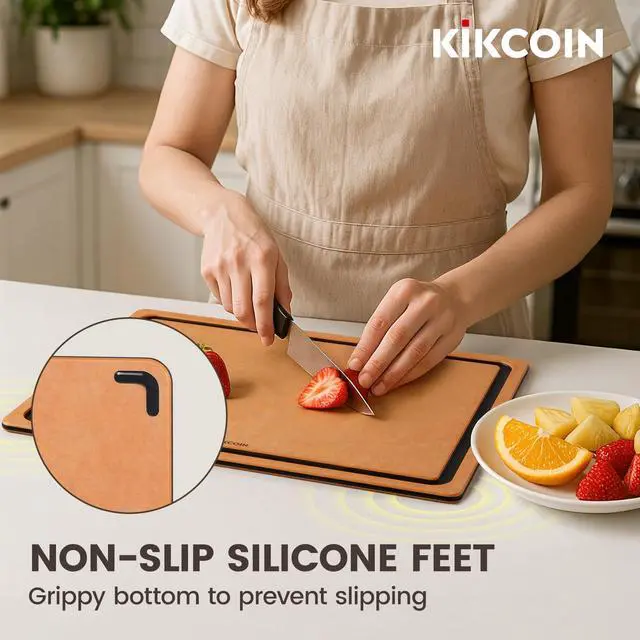 Alt view image 3 of 7 - Kikcoin Wood Cutting Board Set of 3, Cutting Boards for Kitchen with Holder Dishwasher Safe Non-slip Chopping Board with Juice Groove, Wood Fiber Composite Cutting Boards