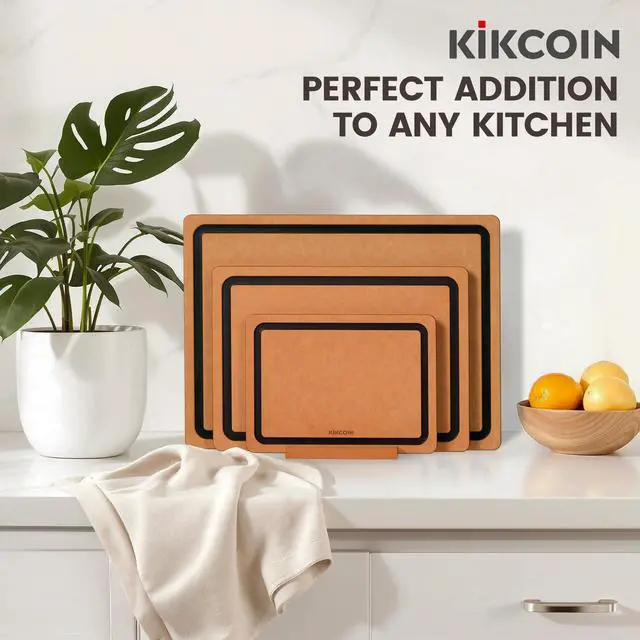 Alt view image 7 of 7 - Kikcoin Wood Cutting Board Set of 3, Cutting Boards for Kitchen with Holder Dishwasher Safe Non-slip Chopping Board with Juice Groove, Wood Fiber Composite Cutting Boards