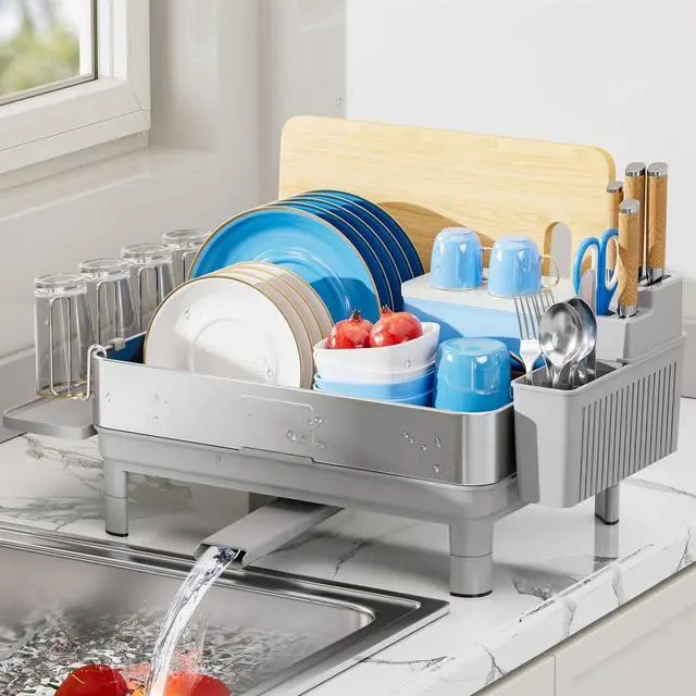 Main image of Ewaiira Dish Drying Rack, 304 Stainless Steel Dish Racks for Kitchen Counter, Dish Drainers with Automatic Drainage, Utensil Holder & Cups Holder, Space Saving Kitchen Organizer, Gray