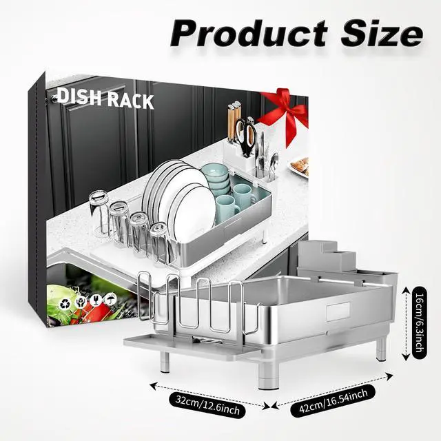 Alt view image 2 of 7 - Ewaiira Dish Drying Rack, 304 Stainless Steel Dish Racks for Kitchen Counter, Dish Drainers with Automatic Drainage, Utensil Holder & Cups Holder, Space Saving Kitchen Organizer, Gray