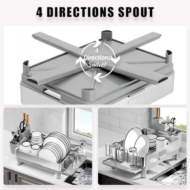Alt view image 3 of 7 - Ewaiira Dish Drying Rack, 304 Stainless Steel Dish Racks for Kitchen Counter, Dish Drainers with Automatic Drainage, Utensil Holder & Cups Holder, Space Saving Kitchen Organizer, Gray