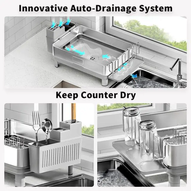 Alt view image 4 of 7 - Ewaiira Dish Drying Rack, 304 Stainless Steel Dish Racks for Kitchen Counter, Dish Drainers with Automatic Drainage, Utensil Holder & Cups Holder, Space Saving Kitchen Organizer, Gray