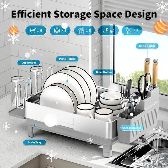 Alt view image 5 of 7 - Ewaiira Dish Drying Rack, 304 Stainless Steel Dish Racks for Kitchen Counter, Dish Drainers with Automatic Drainage, Utensil Holder & Cups Holder, Space Saving Kitchen Organizer, Gray