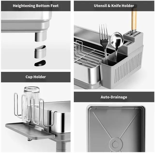 Alt view image 6 of 7 - Ewaiira Dish Drying Rack, 304 Stainless Steel Dish Racks for Kitchen Counter, Dish Drainers with Automatic Drainage, Utensil Holder & Cups Holder, Space Saving Kitchen Organizer, Gray