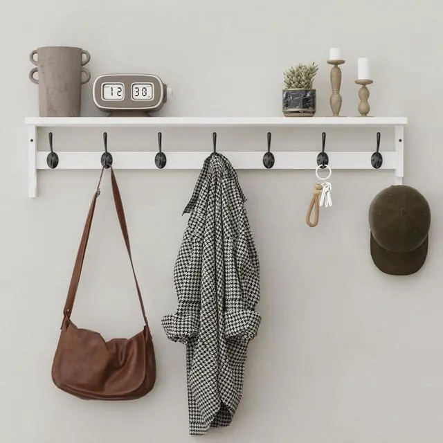 Main image of AMBIRD Coat Rack Wall Mount, 35 Inch Large Coat Hooks Wall Mounted with 7 Dual Metal Hooks and 2 Side Hooks, Wall Hooks with Shelf in Entryway, Kitchen, Living Room, Bathroom, Bedroom (White)
